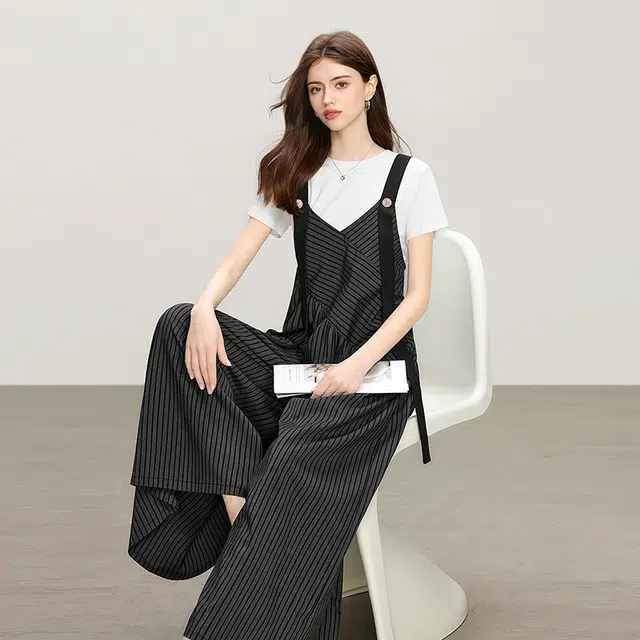 她池 减龄拼接宽松款阔腿休闲长款无袖连体衣 女款 条纹