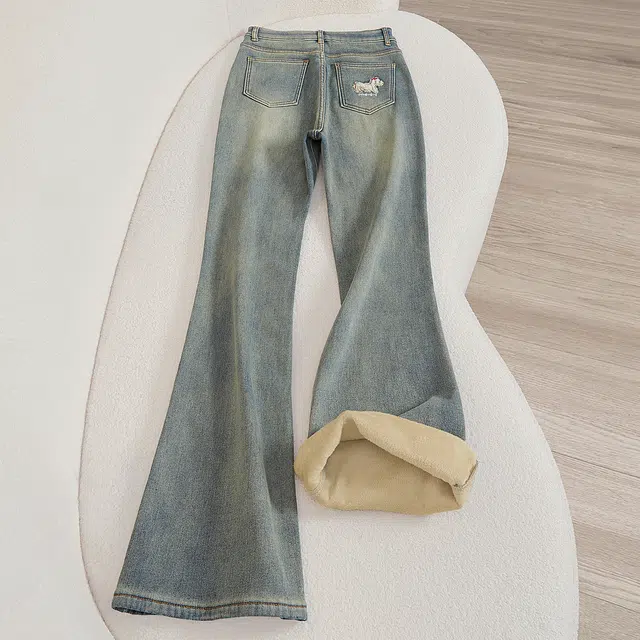 她池 撞色减龄加绒水洗长款微喇牛仔裤 女款 复古