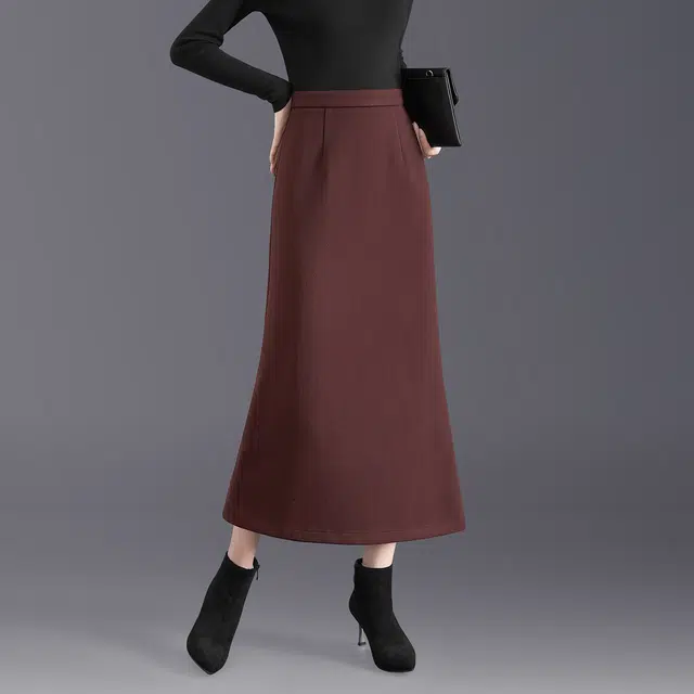 她池 高腰包臀优雅鱼尾裙纯色气质开叉休闲长裙 女款 安可拉红