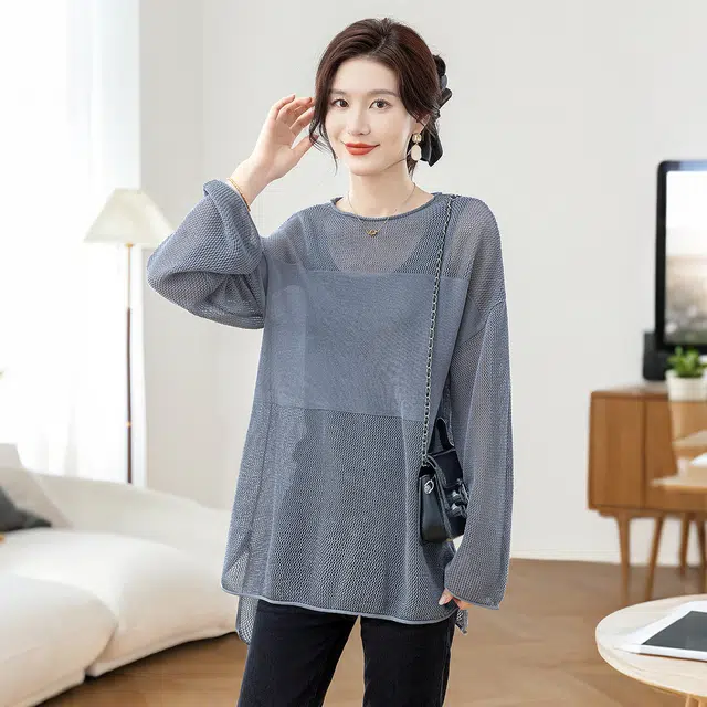 丝柏舍 镂空纯色圆领开叉慵懒风宽松款简约罩衫落肩长袖针织衫 女款