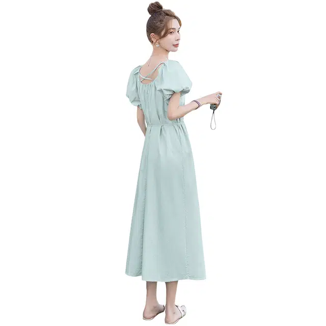 丝柏舍 小清新圆领泡泡袖气质短袖连衣裙 女款