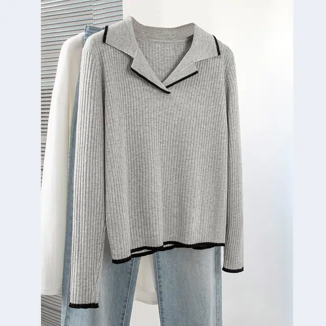 丝柏舍 撞色翻领套头短款修身通勤简约气质正肩长袖针织衫 女款