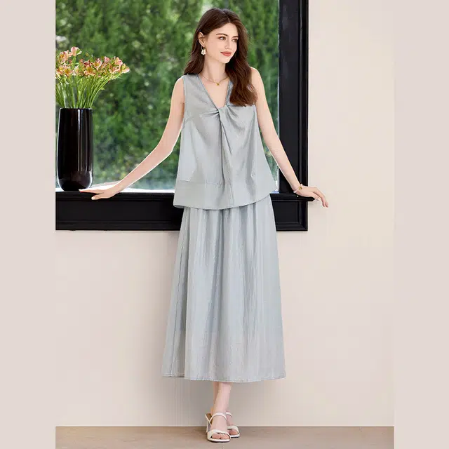 她池 休闲背心搭半身裙两件套正反两穿裙装套装 女款