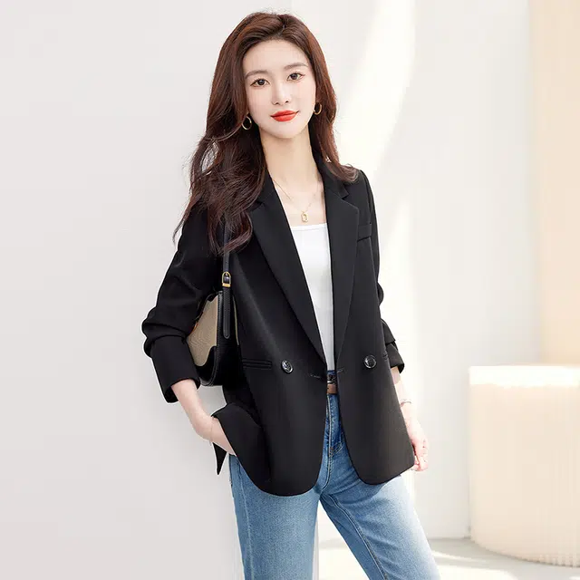 丝柏舍 后背开叉设计气质西服外套修身通勤休闲双排扣纯色长袖西装 女款 黑色