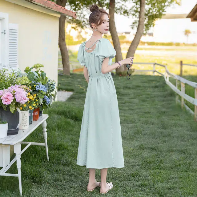 丝柏舍 小清新圆领泡泡袖气质短袖连衣裙 女款