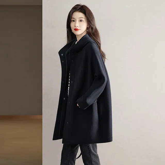 丝柏舍 简约休闲舒适连帽中长款大衣 女款 黑色