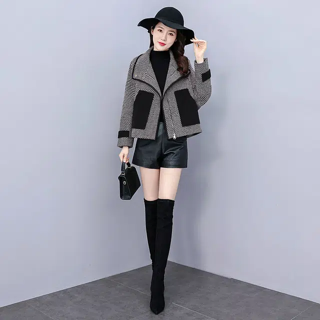 丝柏舍 遮肉休闲气质撞色格子上衣大翻领宽松蝙蝠袖截短外套 女款