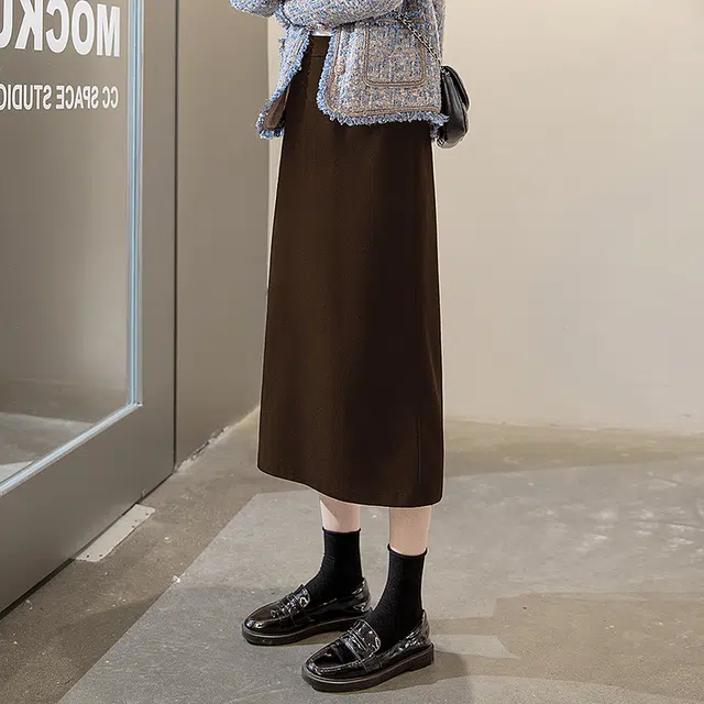 丝柏舍 高腰纯色显瘦半身裙中长款简约开叉休闲长裙 女款