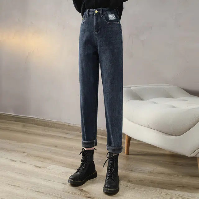 丝柏舍 纯色水洗长裤显瘦纽扣舒适高腰加绒哈伦牛仔裤 女款
