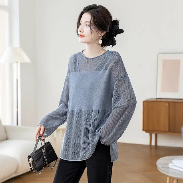 丝柏舍 镂空纯色圆领开叉慵懒风宽松款简约罩衫落肩长袖针织衫 女款