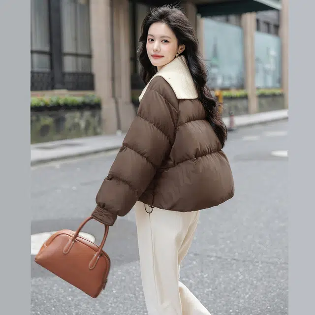 丝柏舍 翻领拼接撞色宽松设计感短款长袖截短外套 女款 深咖色