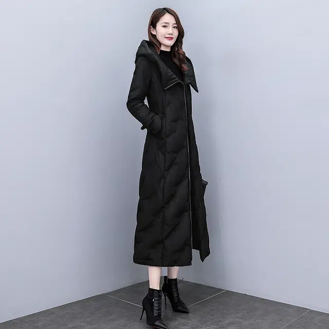 丝柏舍 长款过膝保暖收腰气质纯色简约长袖连帽棉服 女款 黑色