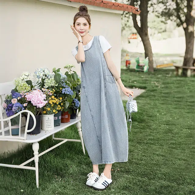丝柏舍 叠穿休闲圆领设计感水洗牛仔背带无袖连衣裙 女款 浅灰蓝