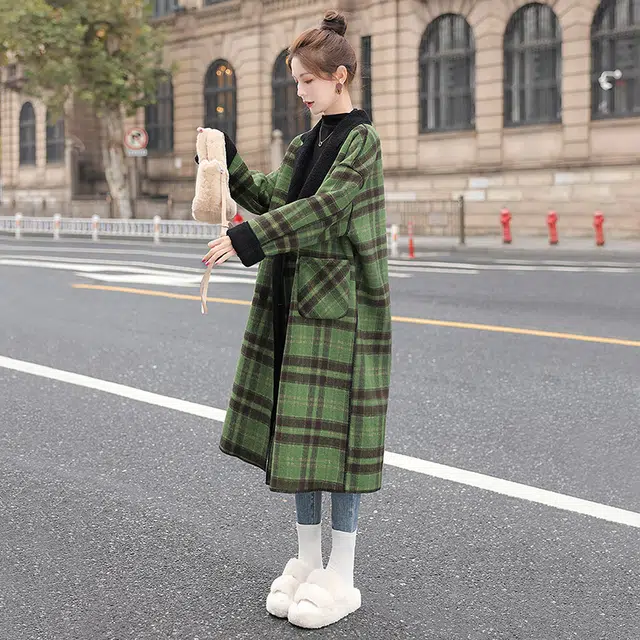 丝柏舍 英伦风翻领中长款气质外套撞色格纹长袖毛呢大衣 女款