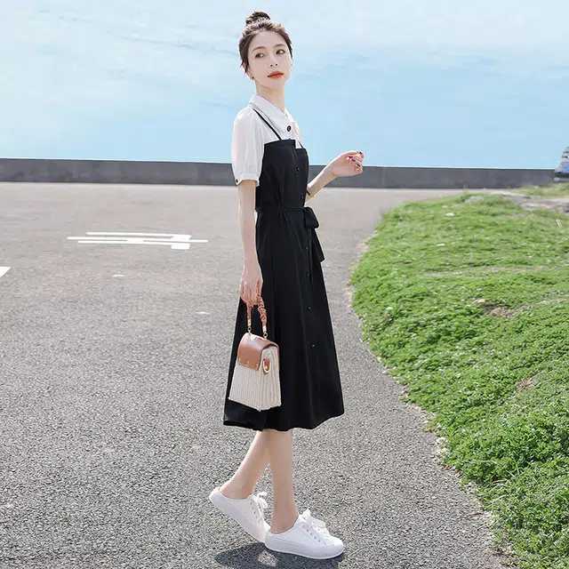 丝柏舍 撞色拼接假两件中长裙泡泡袖褶皱短袖连衣裙 女款 上白下黑