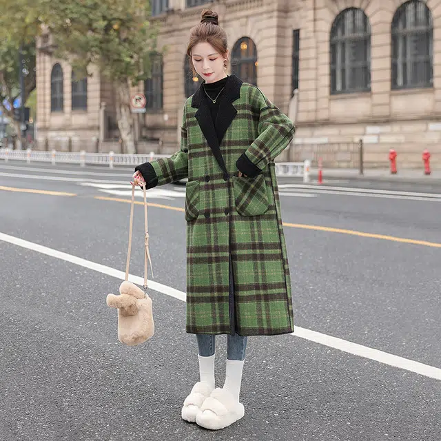 丝柏舍 英伦风翻领中长款气质外套撞色格纹长袖毛呢大衣 女款