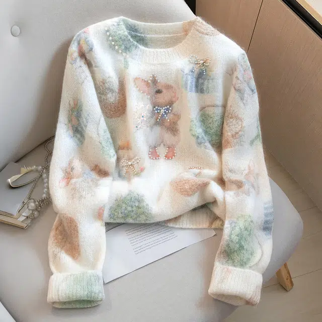 丝柏舍 卡通图案撞色减龄蝴蝶结钉珠圆领小花亮片宽松款落肩长袖针织衫 女款