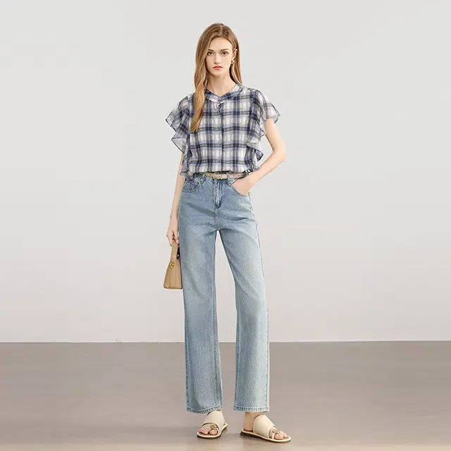 她池 学院风拼接衬衣荷叶边格子短袖衬衫 女款