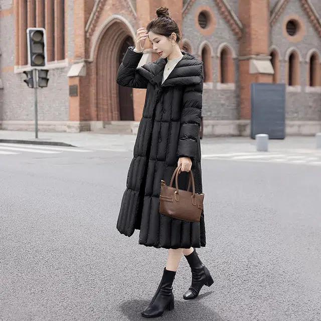 丝柏舍 纯色简约翻领中长款休闲保暖羽绒服 女款 黑色