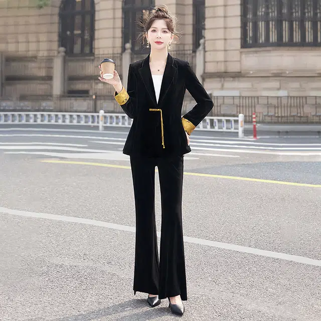 丝柏舍 撞色翻领百搭长袖外套微喇时尚纯色长裤休闲套装 女款 黑色