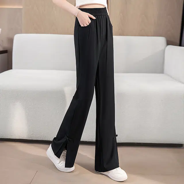 丝柏舍 开叉盘扣装饰纯色松紧高腰微喇长款修身休闲裤 女款 黑色