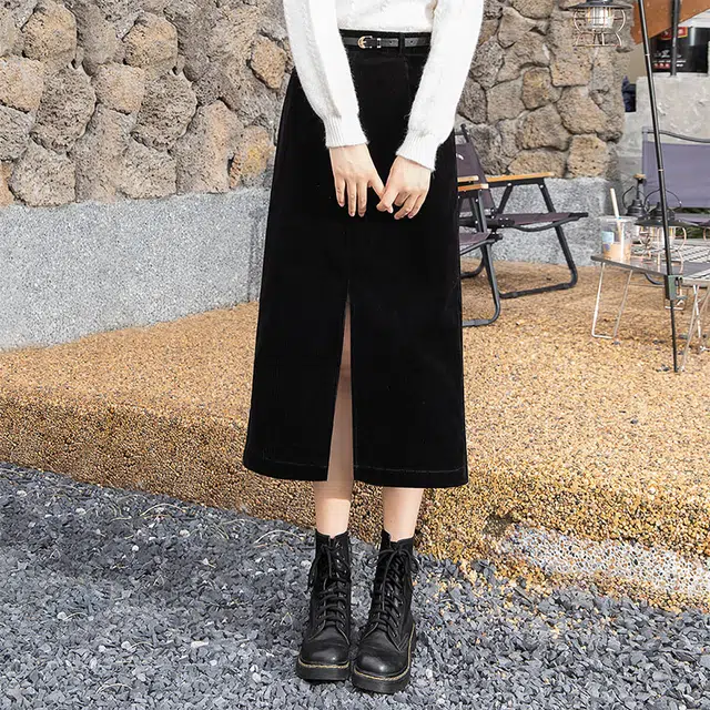 丝柏舍 纯色简约高腰开叉复古气质休闲长裙 女款 黑色