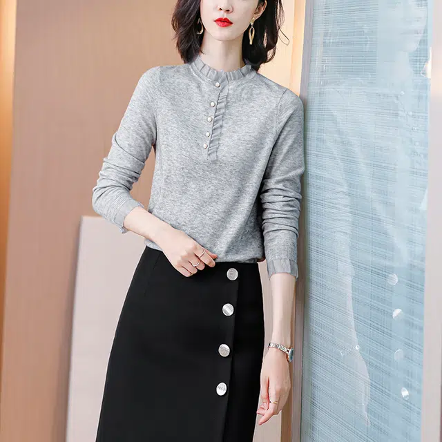 丝柏舍 纯色网纱拼接木耳边长袖套头针织衫 女款