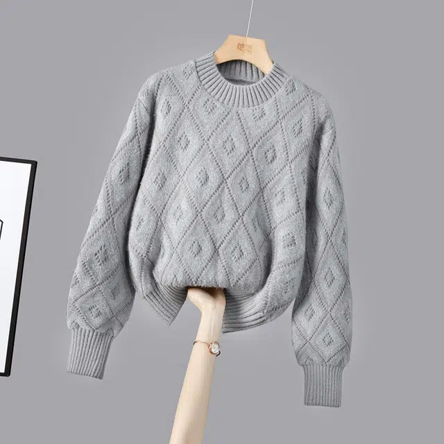 她池 甜美宽松圆领撞色落肩长袖套头上衣毛衣 女款