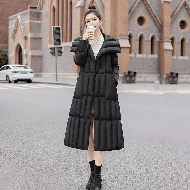 丝柏舍 纯色简约翻领中长款休闲保暖羽绒服 女款 黑色