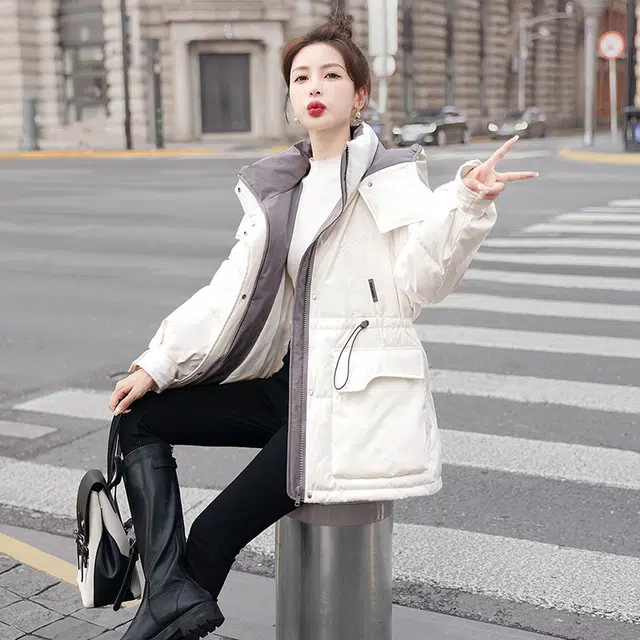 丝柏舍 长袖抽绳收腰拼色外套小个子中长款连帽保暖棉服 女款