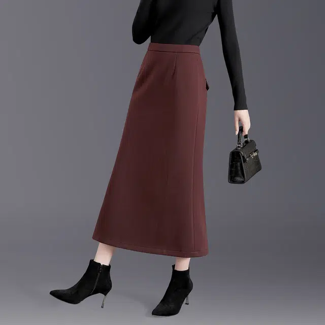 她池 高腰包臀优雅鱼尾裙纯色气质开叉休闲长裙 女款 安可拉红
