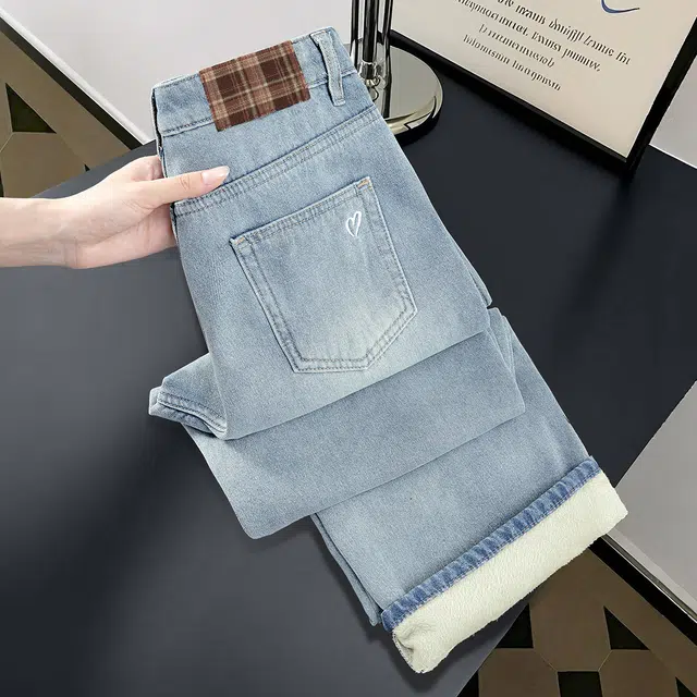 她池 简约风高腰水洗加绒保暖长款直筒牛仔裤 女款