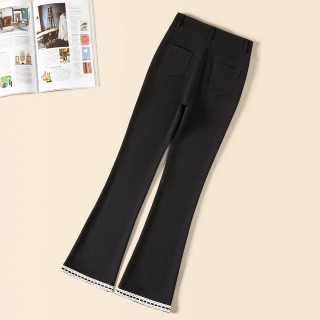 她池 设计感撞色拼接花边高腰长款微喇休闲裤 女款 黑色