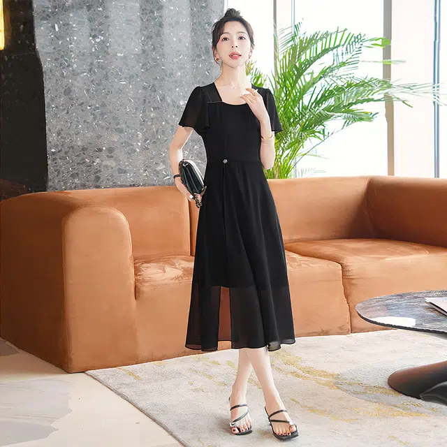 丝柏舍 纯色拼接中长款收腰气质优雅开叉短袖连衣裙 女款 黑色