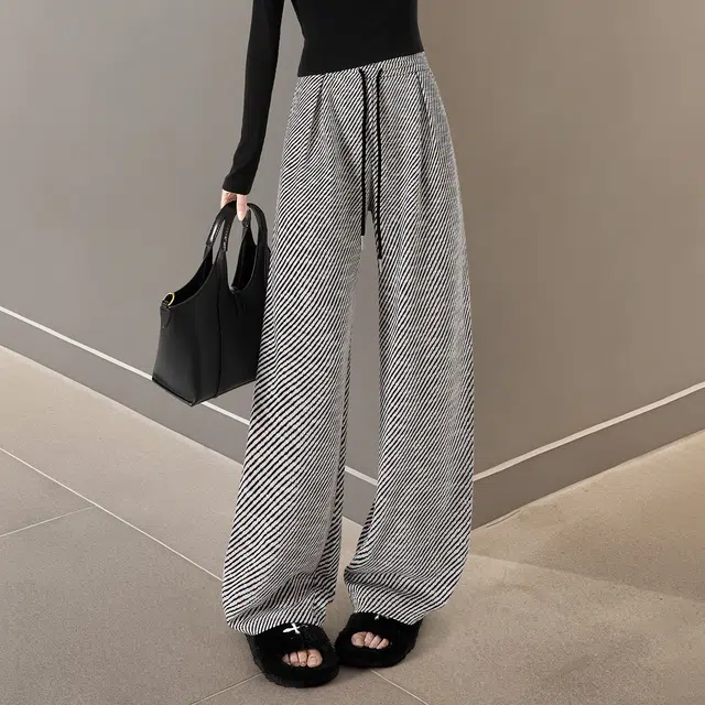 她池 通勤简约撞色条纹抽绳松紧腰长款休闲裤 女款 黑白斜纹
