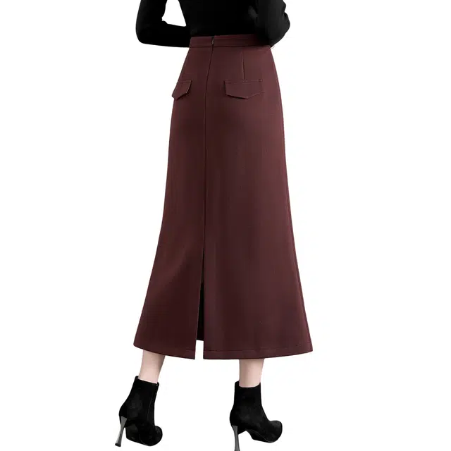 她池 高腰包臀优雅鱼尾裙纯色气质开叉休闲长裙 女款 安可拉红