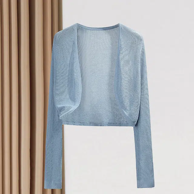 她池 小清新外搭长袖镂空短款针织衫 女款