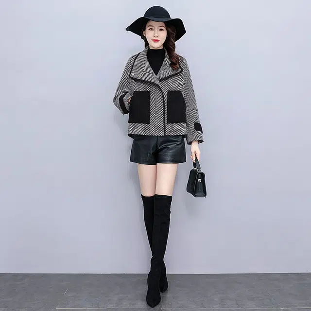丝柏舍 遮肉休闲气质撞色格子上衣大翻领宽松蝙蝠袖截短外套 女款