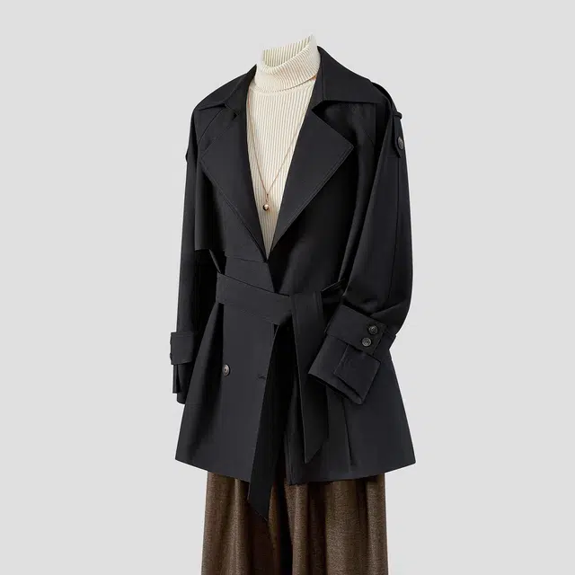 她池 英伦风外套翻领双排扣纯色中长款插肩长袖风衣 女款