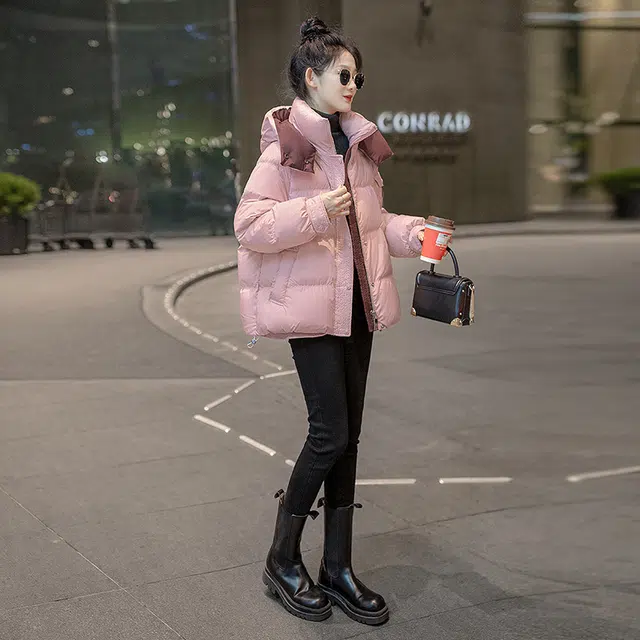丝柏舍  连帽宽松保暖甜美爱心图案长袖减龄  含羽绒外套  女款  樱花粉
