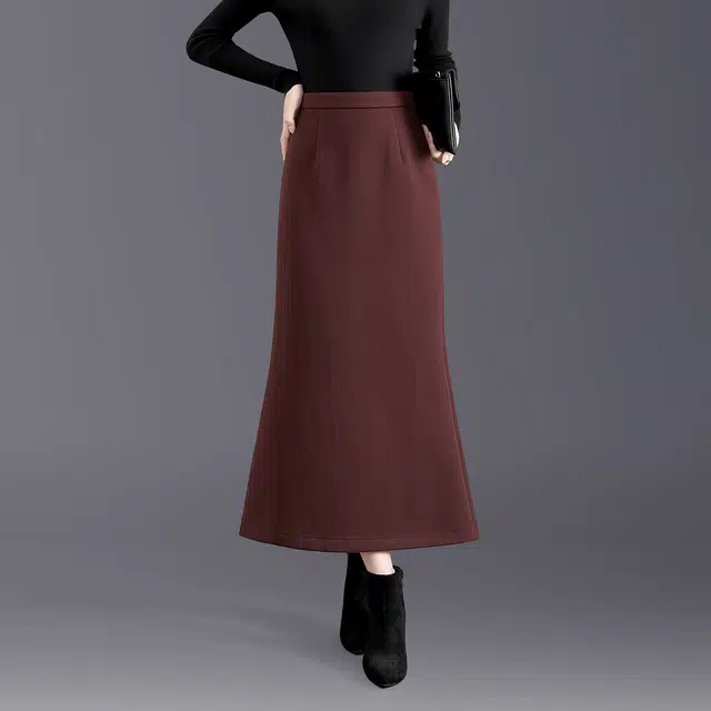 她池 高腰包臀优雅鱼尾裙纯色气质开叉休闲长裙 女款 安可拉红