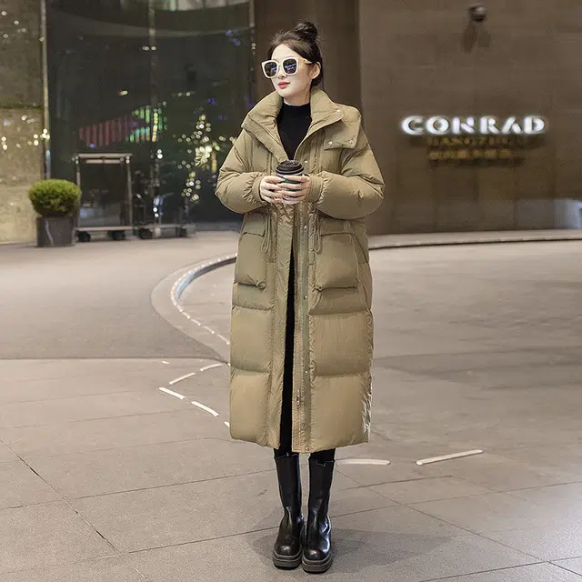 丝柏舍 连帽中长款纯色过膝遮肉宽松简约保暖长袖棉服 女款 卡其绿