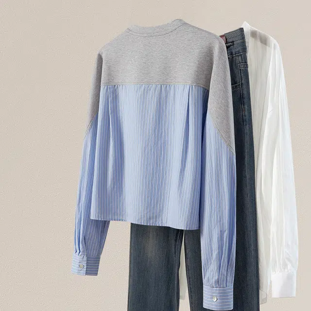 她池 圆领通勤简约撞色拼接长袖衬衫 女款