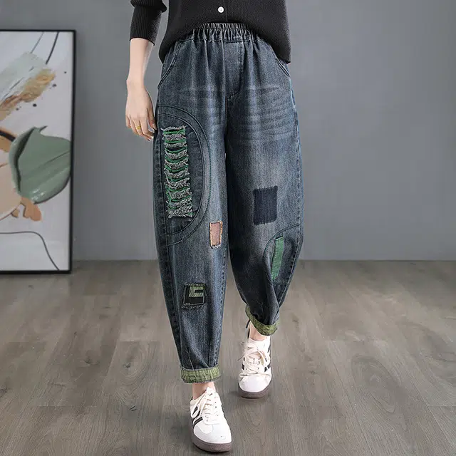 丝柏舍 复古毛边设计撞色拼接做旧水洗宽松九分牛仔裤 女款 深蓝拼绿