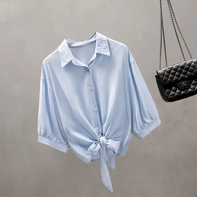 丝柏舍 短款系带通勤单排扣简约宽松气质落肩五分袖衬衫 女款