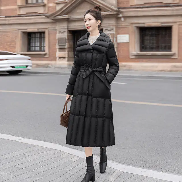 丝柏舍 纯色简约翻领中长款休闲保暖羽绒服 女款 黑色