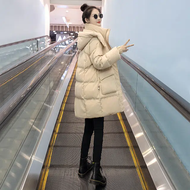 丝柏舍 宽松口袋休闲保暖中长款长袖小个子纯色连帽棉服 女款