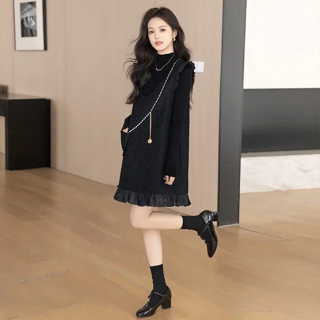 丝柏舍 拼接木耳边宽松短袖连衣裙 女款 黑色
