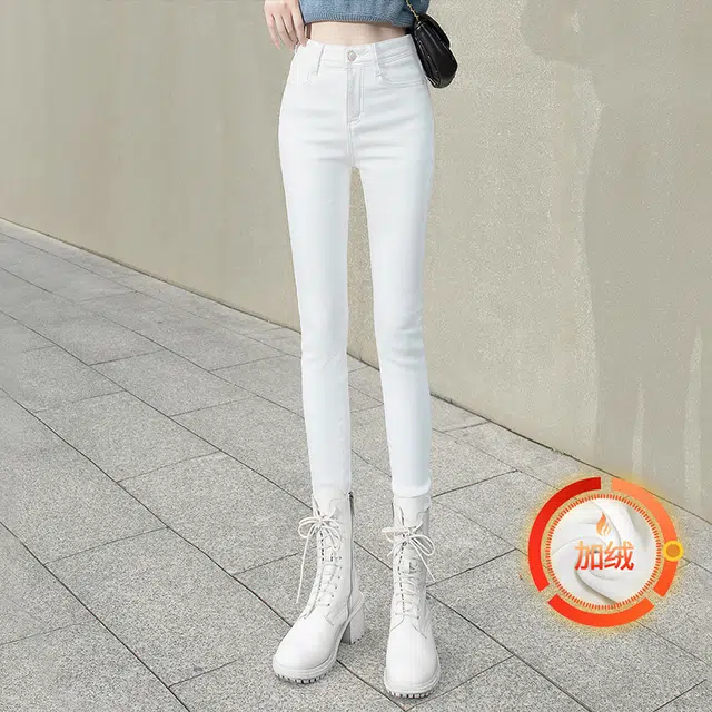 丝柏舍 纯色修身加厚加绒铅笔裤水洗长款简约保暖牛仔裤 女款 白色