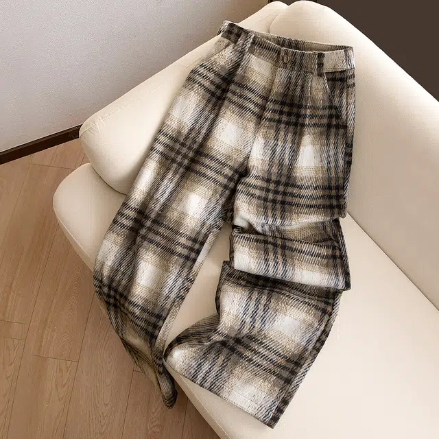 丝柏舍 撞色格纹高腰长款阔腿垂感宽松款气质复古休闲裤 女款